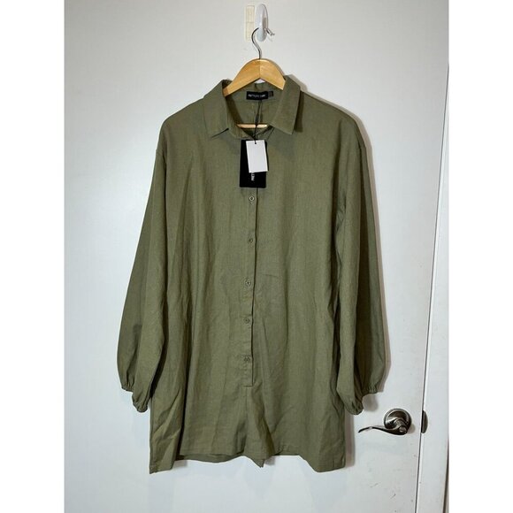 NWT PrettyLittleThing Khaki Linen Look Oversized Long Sleeve Playsuit Size 12 - Picture 2 of 13